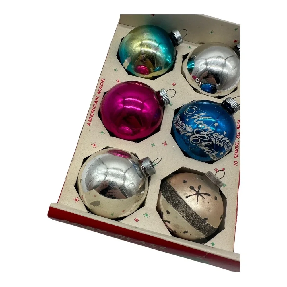 VTG Box of 6 Glass Christmas Tree Ornaments Round Balls Glitter Solid Stenciled‎
